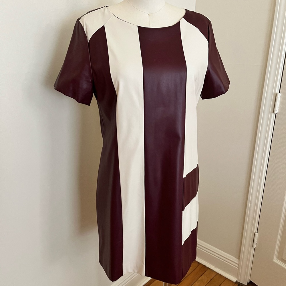 Avec Les Filles Burgundy and Cream Color Blocked Leather Mini Dress